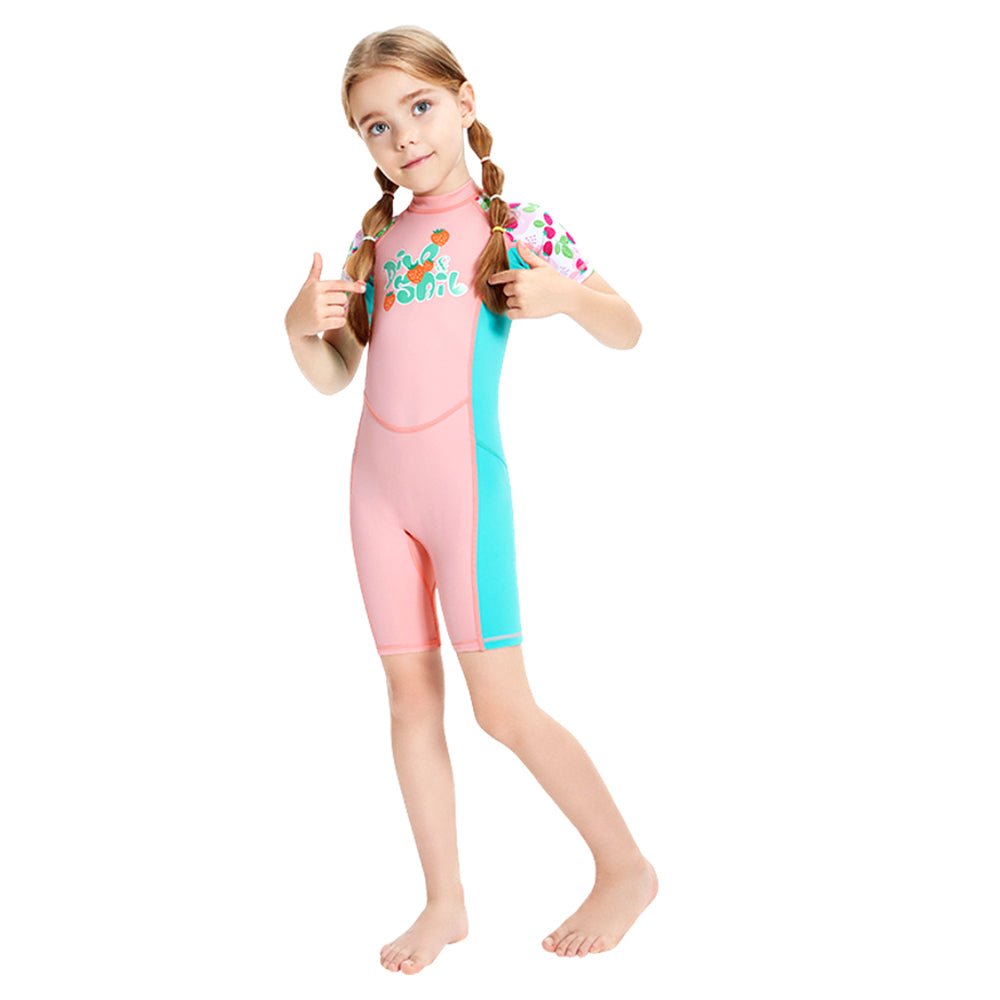 Knee Length Dive Baby Pink Strawberry Printed Kids Swimwear In Upf 50+ Fabric