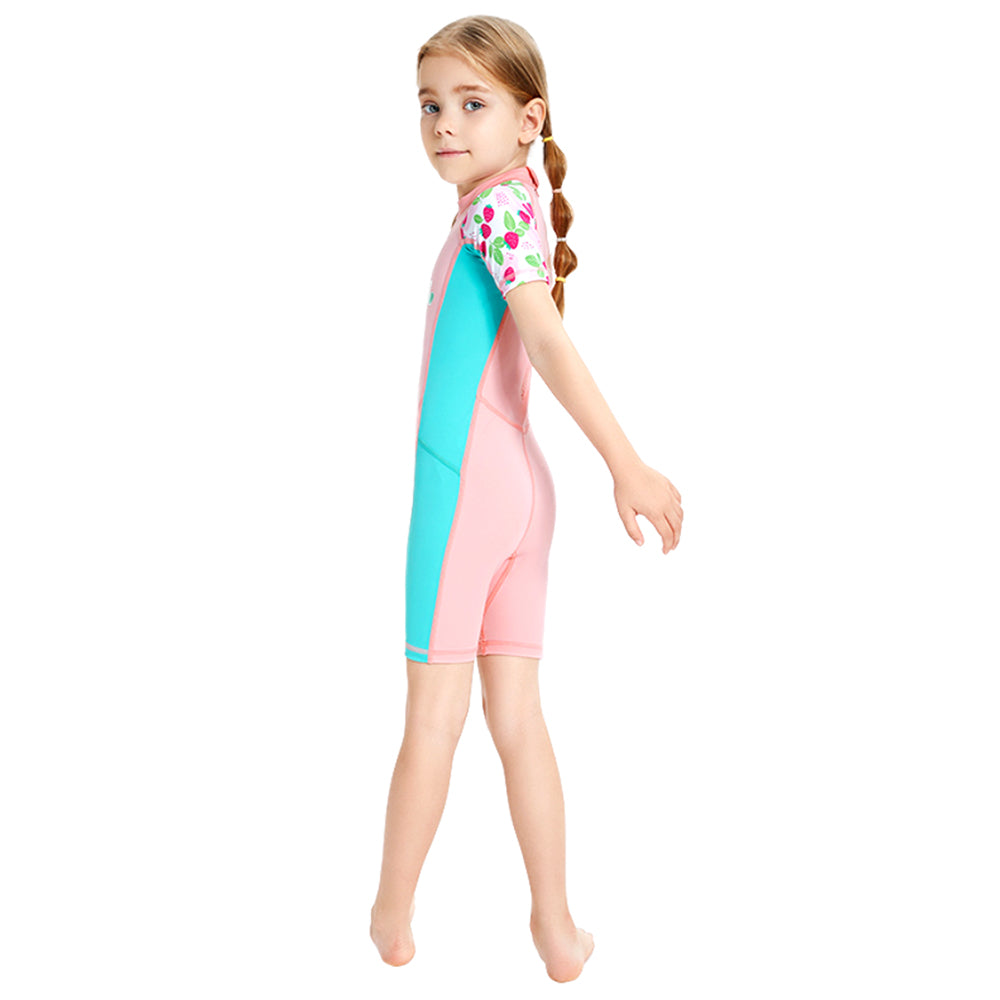 Knee Length Dive Baby Pink Strawberry Printed Kids Swimwear In Upf 50+ Fabric with Free Washbag