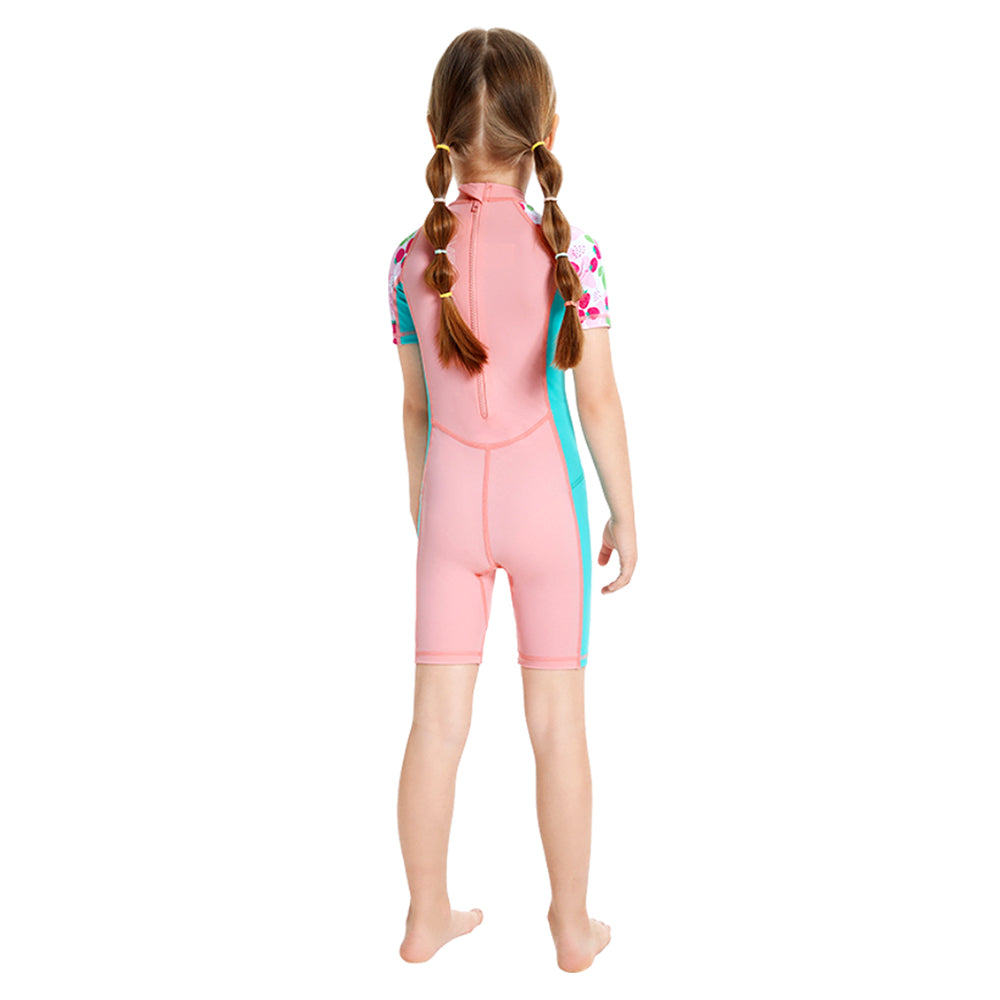 Knee Length Dive Baby Pink Strawberry Printed Kids Swimwear In Upf 50+ Fabric with Free Washbag