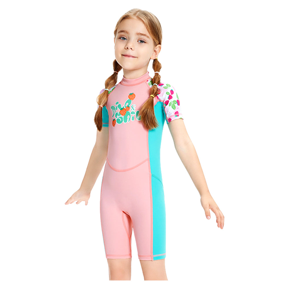 Knee Length Dive Baby Pink Strawberry Printed Kids Swimwear In Upf 50+ Fabric with Free Washbag