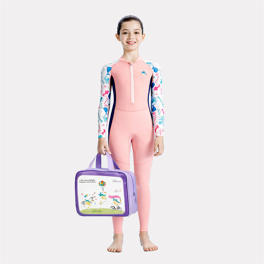 Full Length Dive Pink Whales & Dolphins Printed Kids Swimwear in UPF 50+ Fabric with Swim Cap & Free Washbag