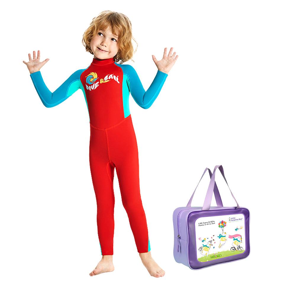 Full Length Dive Red & Teal Green Printed Kids Swimwear In Upf 50+ Fabric with matching Swim Cap & Free Washbag