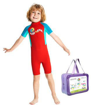 Knee Length Dive Red & Teal Green Printed Kids Swimwear In Upf 50+ Fabric with matching Swim Cap & Free Washbag