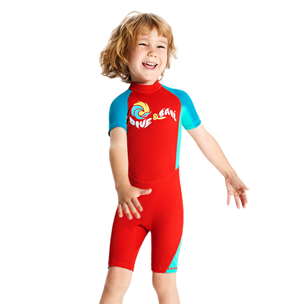 Knee Length Dive Red & Teal Green Printed Kids Swimwear In Upf 50+ Fabric with Free Washbag