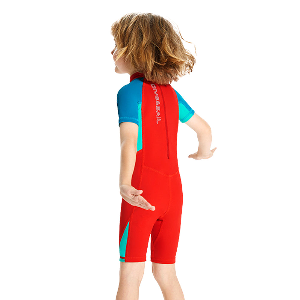 Knee Length Dive Red & Teal Green Printed Kids Swimwear In Upf 50+ Fabric with Free Washbag