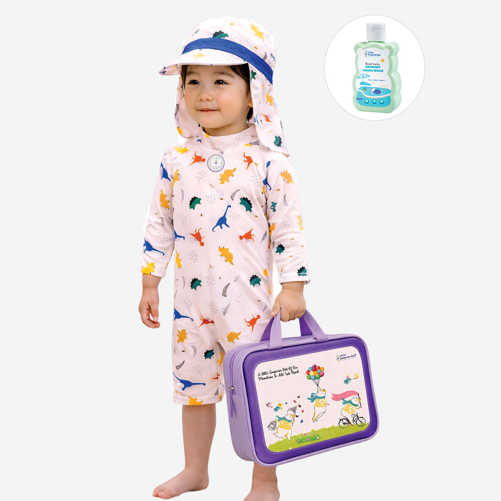 White Dotted Dino World, Toddlers & Kids Swimwear with long Cap Free Wash Bag & Free Swim Detergent