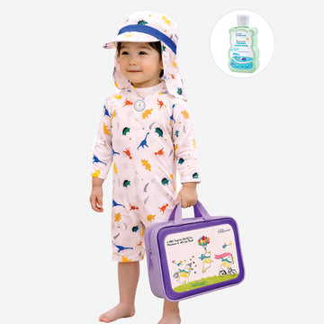 White Dotted Dino World, Toddlers & Kids Swimwear with long Cap Free Wash Bag & Free Swim Detergent