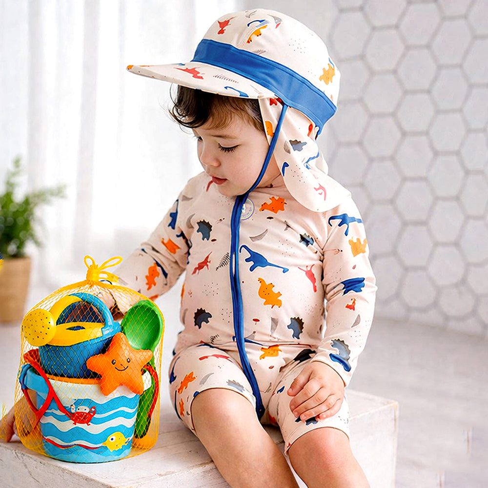 White Dotted Dino World, Toddlers & Kids Swimwear with long Cap Free Wash Bag & Free Swim Detergent