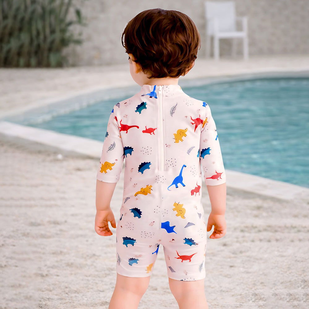 White Dotted Dino World, Toddlers & Kids Swimwear with long Cap Free Wash Bag & Free Swim Detergent