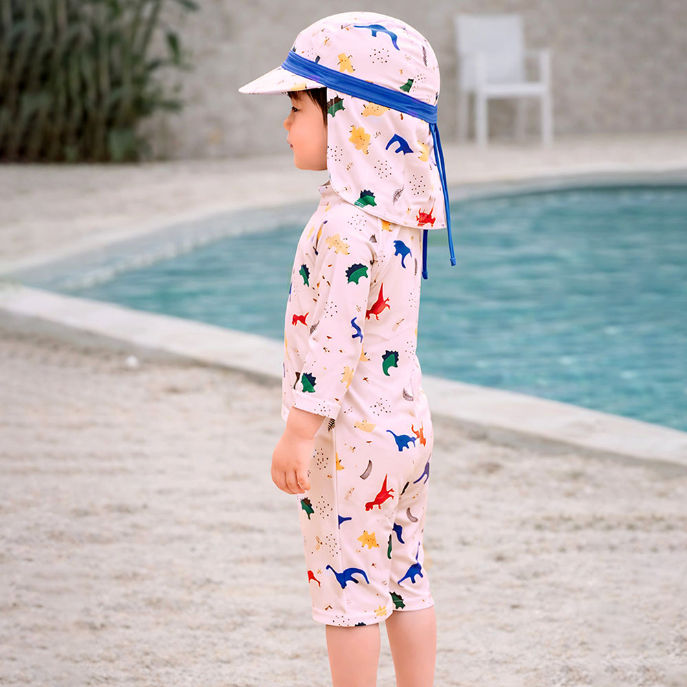 White Dotted Dino World, Toddlers & Kids Swimwear with long Cap Free Wash Bag & Free Swim Detergent