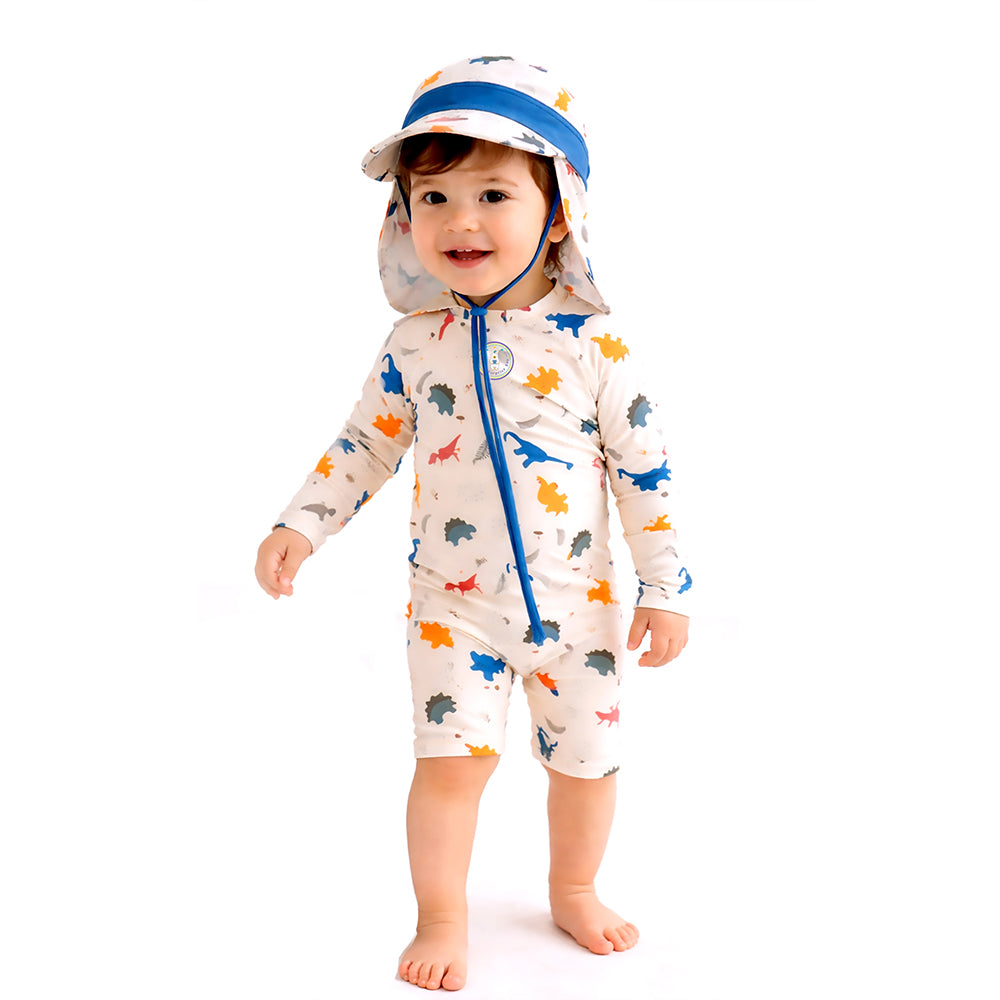 White Dotted Dino World, Toddlers & Kids Swimwear with long Cap Free Wash Bag & Free Swim Detergent