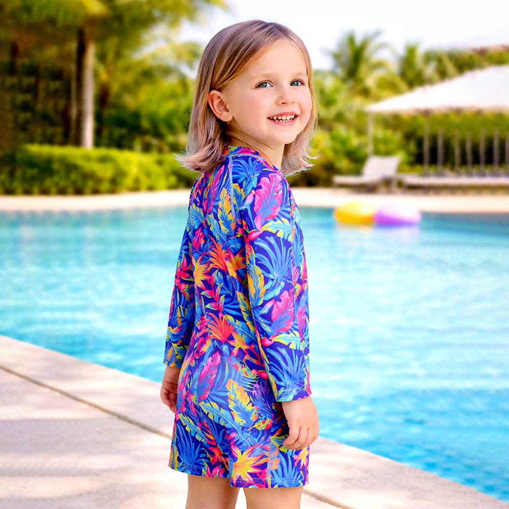 Florescent pink blue Leaves Tropical, Kids Swimwear with Free Wash Bag & Free Swim Detergent