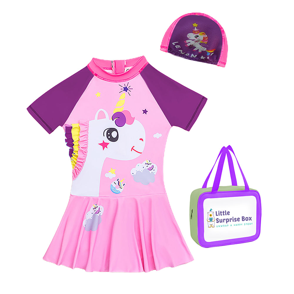 Frill Unicorn Frock style Kids Swimwear with attached shorts and matching Swim Cap & Free Washbag