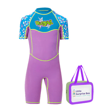 One piece Knee Length Kids Swimwear Purple & Blue Floral Print, UPF 50+ with Cap with matching Swim Cap & Free Washbag
