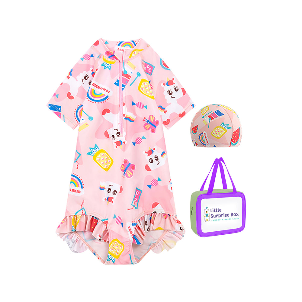 Pink Fruits and Rainbow Kids Swimwear UPF 50+ with matching Swim Cap & Free Washbag