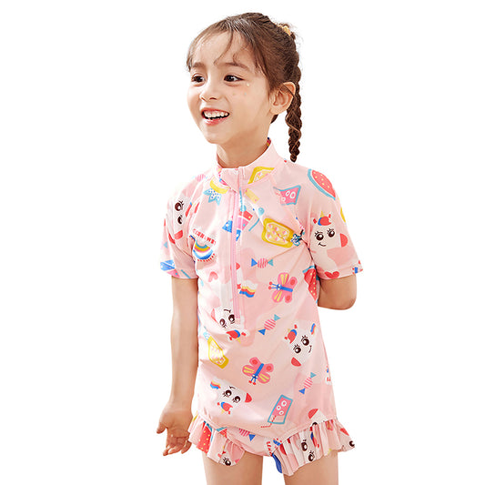 Pink Fruits and Rainbow Kids Swimwear with  matching Swim Cap.