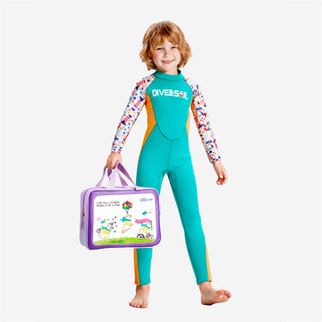 Dive Green Nautical Printed Full Length 2.5mm Neoprene Kids Swimsuit with Free Washbag