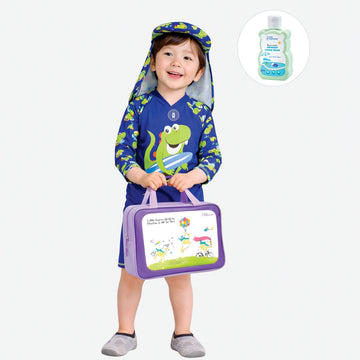 Green Blue Dino Splash, Toddlers & Kids Swimwear with long Cap Free Wash Bag & Free Swim Detergent