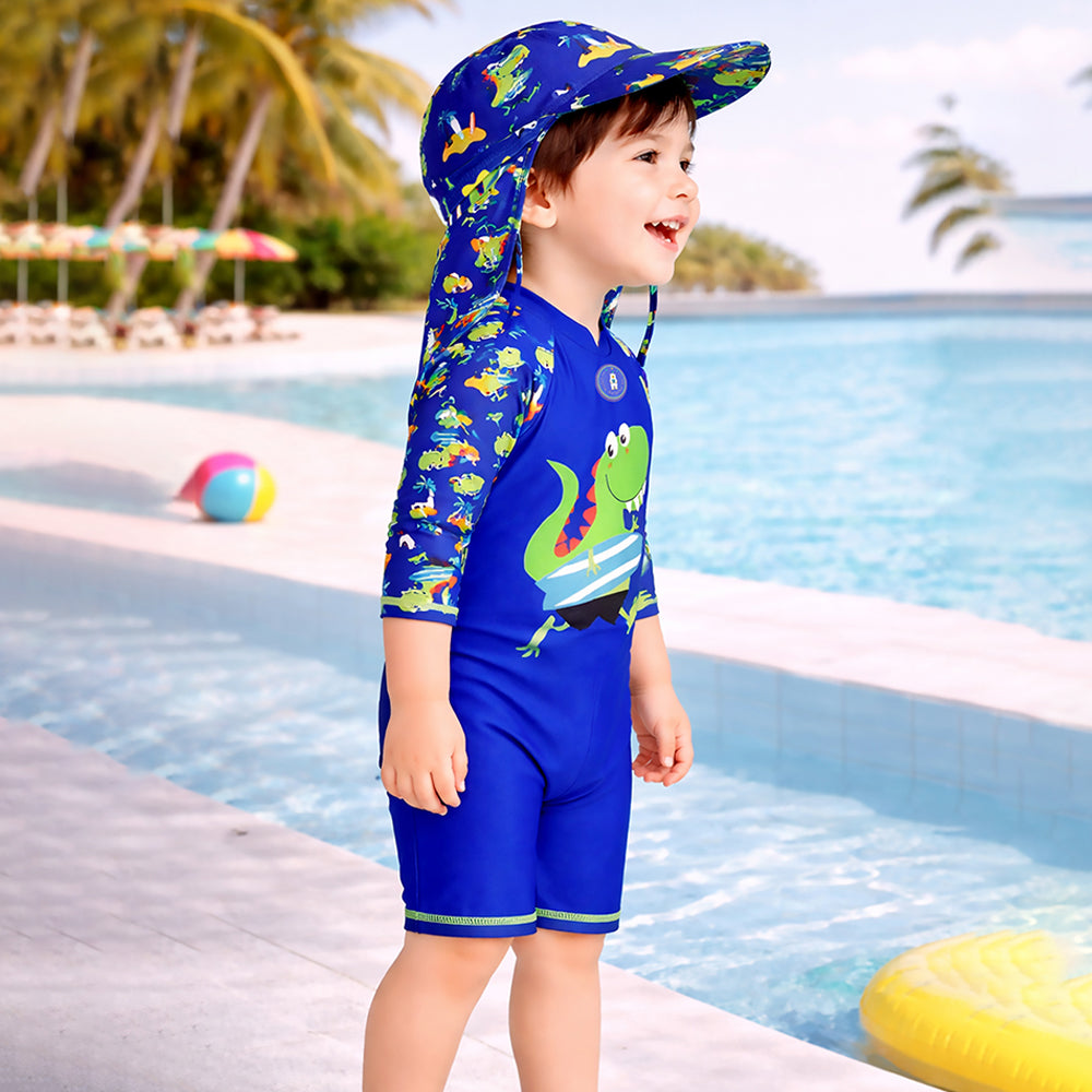 Green Blue Dino Splash, Toddlers & Kids Swimwear with long Cap Free Wash Bag & Free Swim Detergent