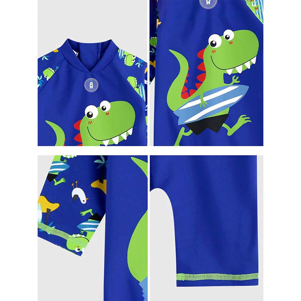 Green Blue Dino Splash, Toddlers & Kids Swimwear with long Cap Free Wash Bag & Free Swim Detergent