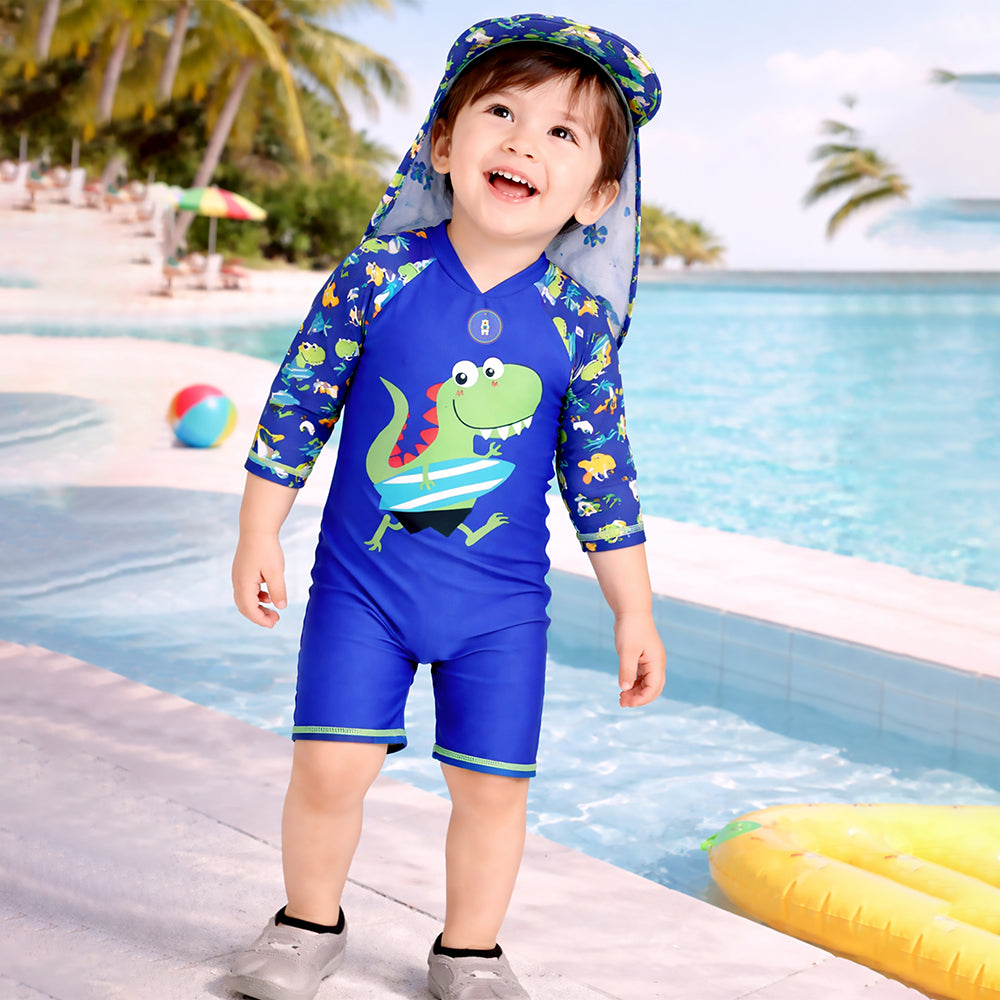 Green Blue Dino Splash, Toddlers & Kids Swimwear with long Cap Free Wash Bag & Free Swim Detergent