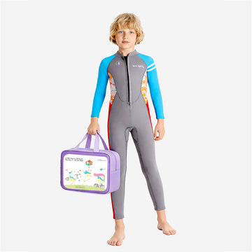 Dive Grey, Blue & Red, Full Length 2.5 mm Neoprene Kids Swimsuit with Free Washbag