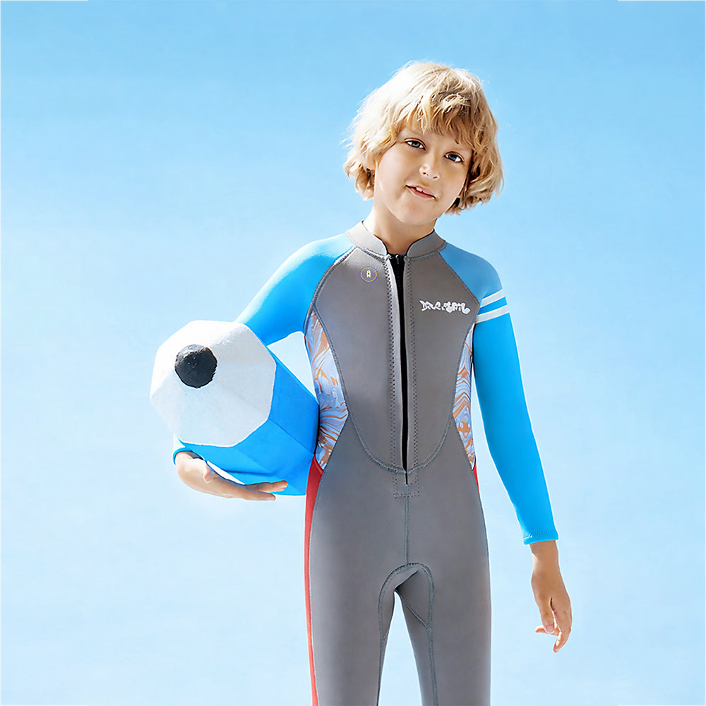 Dive Grey, Blue & Red, Full Length 2.5 mm Neoprene Kids Swimsuit with Free Washbag
