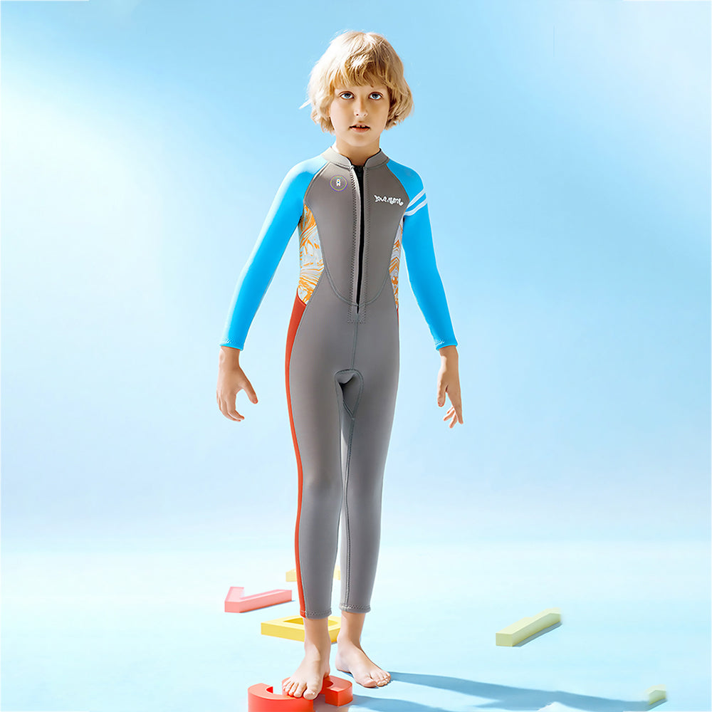 Dive Grey, Blue & Red, Full Length 2.5 mm Neoprene Kids Swimsuit with Free Washbag