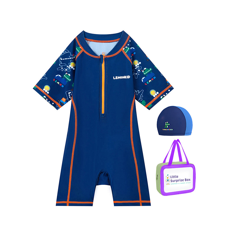 Dark Blue Geometric Alligator Kids Swimwear with  matching Swim Cap with UPF 50+