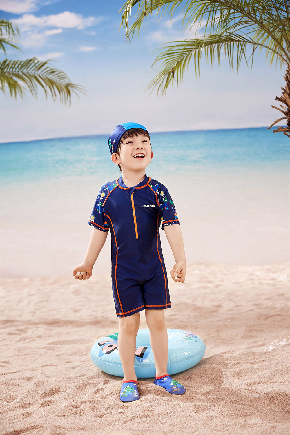 Dark Blue Geometric Alligator Kids Swimwear UPF 50+ with matching Swim Cap & Free Washbag