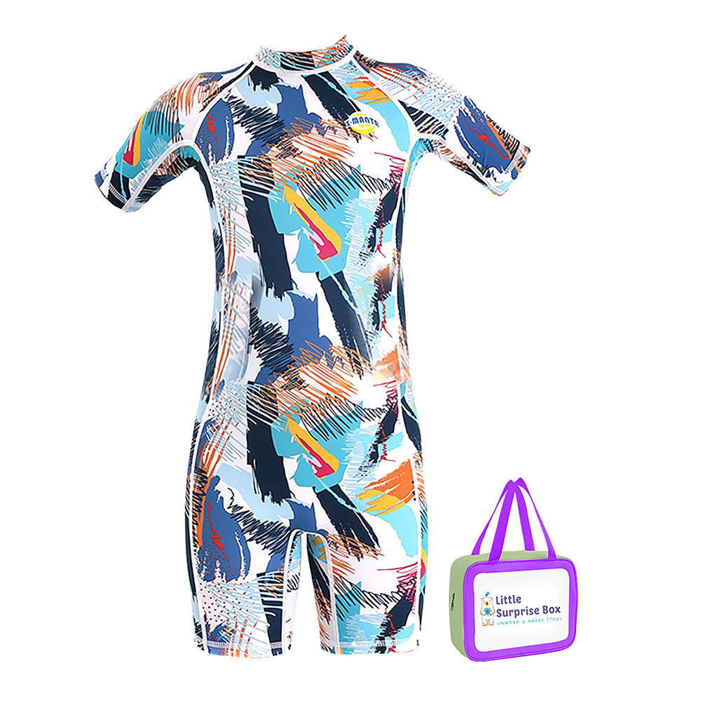 One piece Knee Length Kids Swimwear Geometric print, UPF 50+ with Cap with Free Washbag