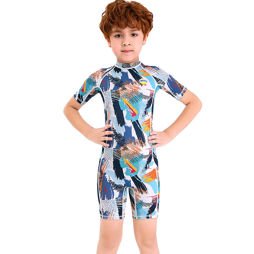 One piece Knee Length Kids Swimwear Geometric print, UPF 50+ with Cap with Free Washbag