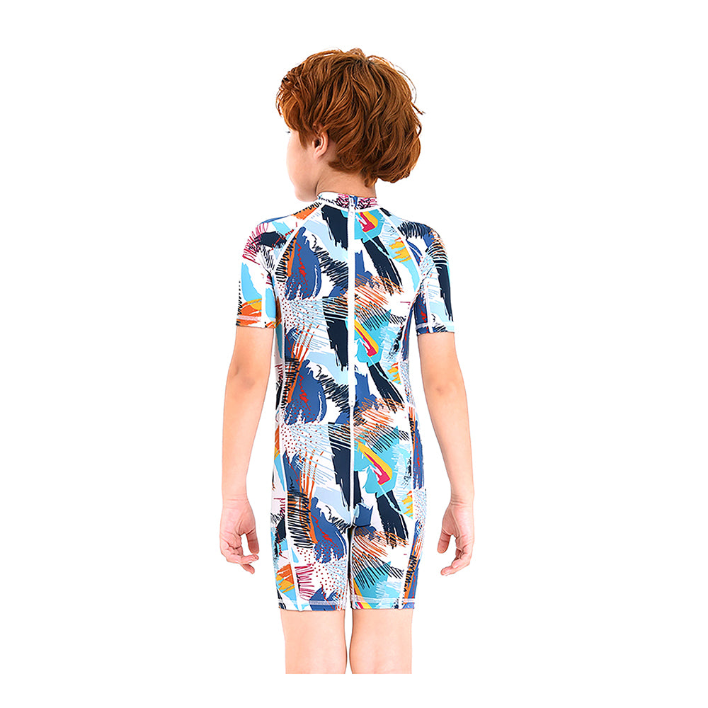 One piece Knee Length Kids Swimwear Geometric print, UPF 50+ with Cap with Free Washbag
