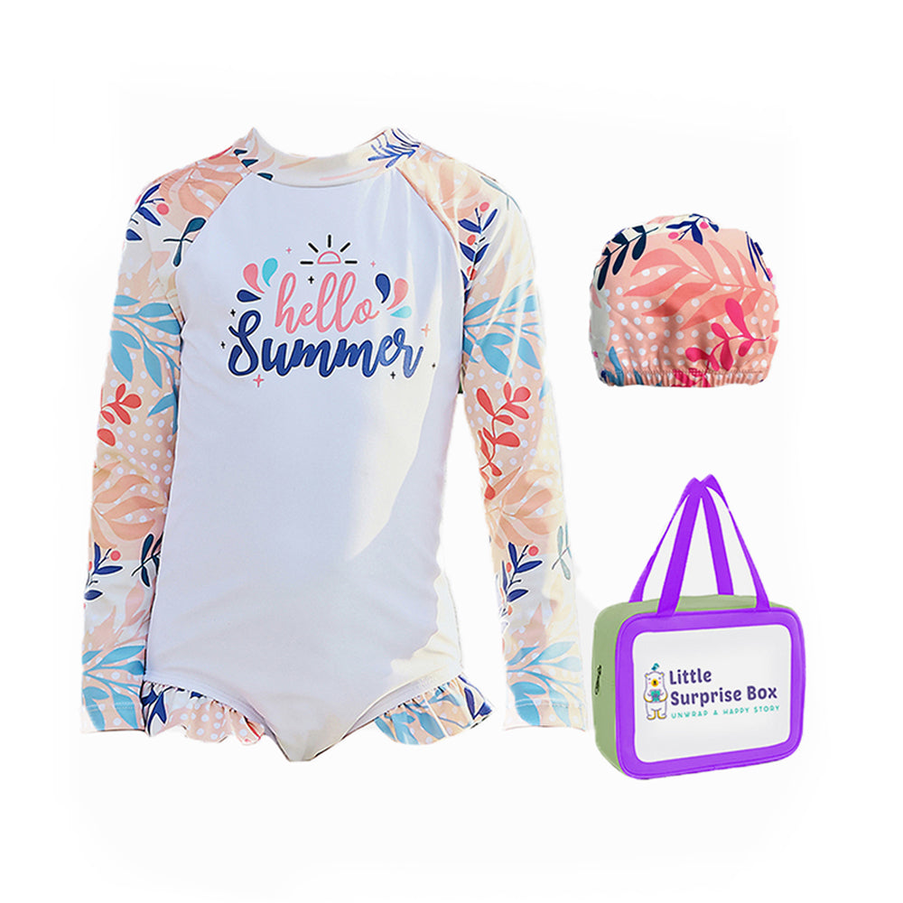 One Piece Hello Summer Floral print Swimwear for Kids & Toddlers with matching Swim Cap&Free Washbag