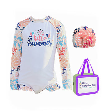 One Piece Hello Summer Floral print Swimwear for Kids & Toddlers with matching Swim Cap&Free Washbag