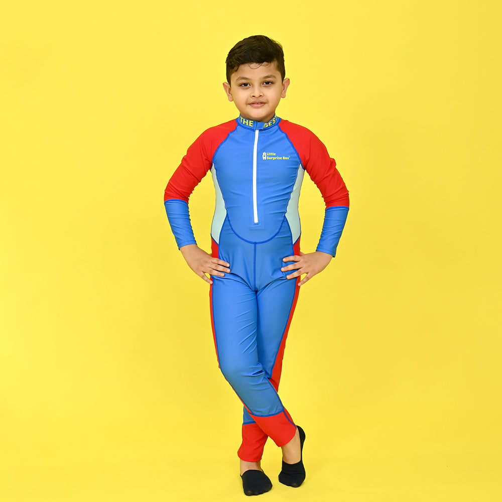 Blue & Red Full Length Swimwear for Teens & Adults with UPF 30+ with Free Washbag