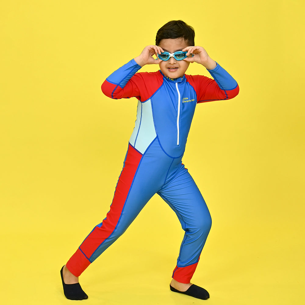 Blue & Red Full Length Swimwear for Teens & Adults with UPF 30+ with Free Washbag