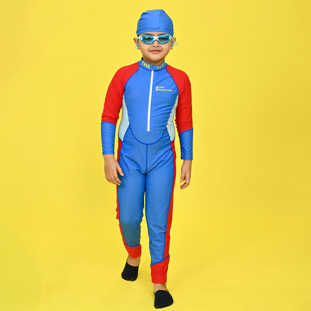 Blue & Red Full Length Swimwear for Teens & Adults with UPF 30+ with Free Washbag