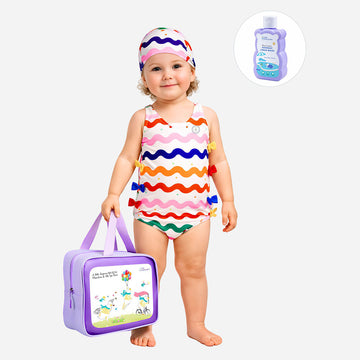 Multi Bows & Waves , Toddlers & Kids Swimwear with matching Swim Cap, plus Free Wash Bag & Free Swim Detergent