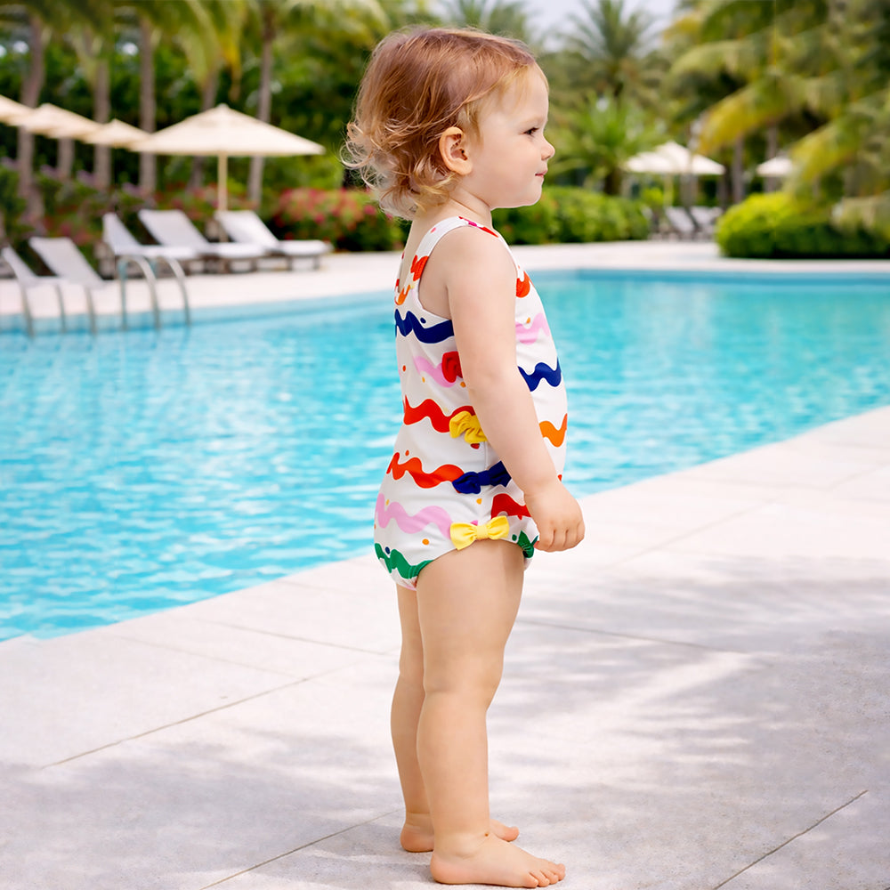 Multi Bows & Waves , Toddlers & Kids Swimwear with matching Swim Cap, plus Free Wash Bag & Free Swim Detergent