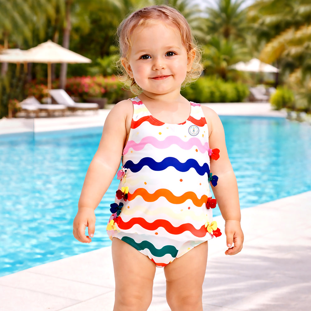 Multi Bows & Waves , Toddlers & Kids Swimwear with matching Swim Cap, plus Free Wash Bag & Free Swim Detergent