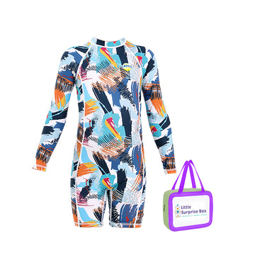 Full Sleeves Knee Length Multi Geometric Print Kids Swimwear UP50 + with Free Washbag