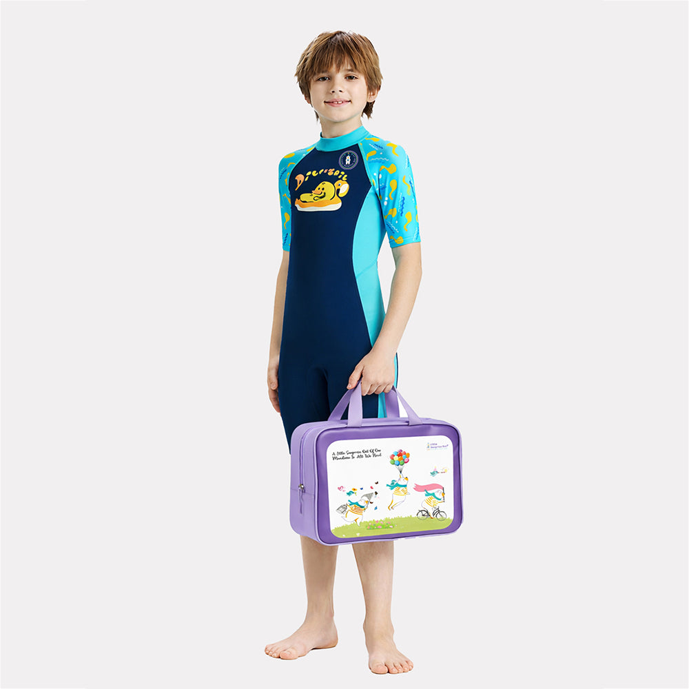 Dive Navy Blue Duck Printed, Half Sleeves, Knee Length Kids Swimwear in Upf 50+ Fabric with Swim Cap & Free Washbag