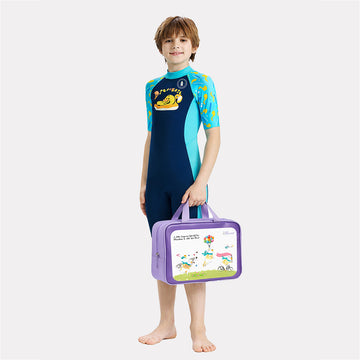 Dive Navy Blue Duck Printed, Half Sleeves, Knee Length Kids Swimwear in Upf 50+ Fabric with Swim Cap & Free Washbag