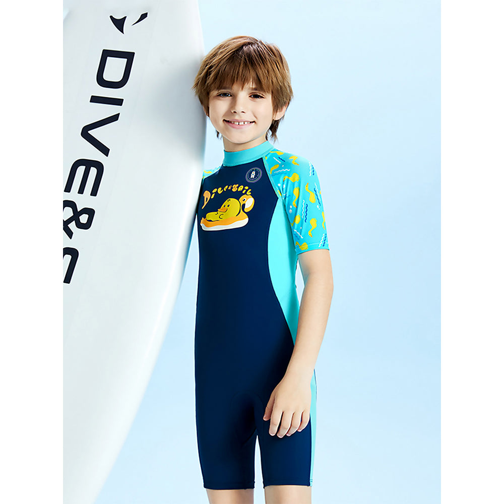 Dive Navy Blue Duck Printed, Half Sleeves, Knee Length Kids Swimwear in Upf 50+ Fabric with Swim Cap & Free Washbag