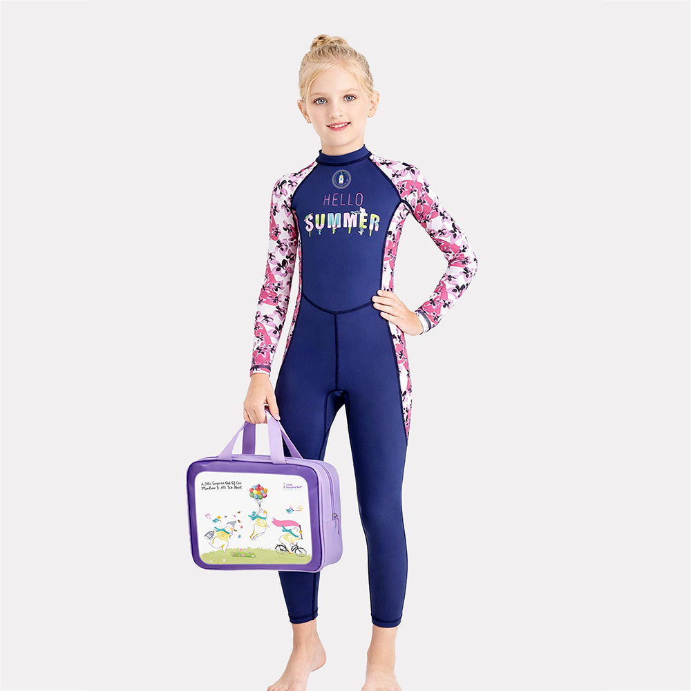 Full Length Navy Blue "Hello Summer" Floral Printed Kids Swimwear with UPF 50+ with Swim Cap & Free Washbag