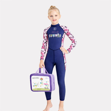 Full Length Navy Blue "Hello Summer" Floral Printed Kids Swimwear with UPF 50+ with Swim Cap & Free Washbag