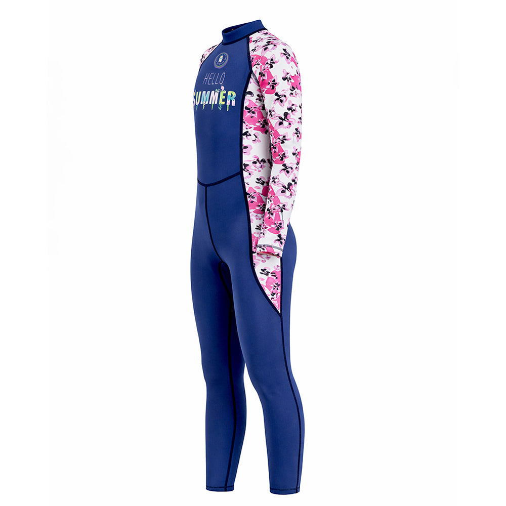 Full Length Navy Blue "Hello Summer" Floral Printed Kids Swimwear with UPF 50+ with Swim Cap & Free Washbag