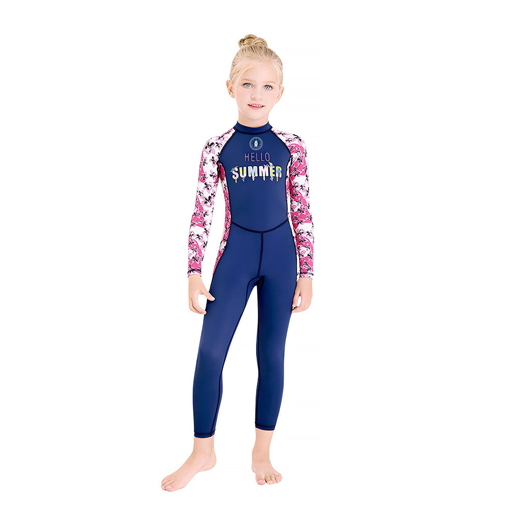 Full Length Navy Blue "Hello Summer" Floral Printed Kids Swimwear with UPF 50+ with Swim Cap & Free Washbag