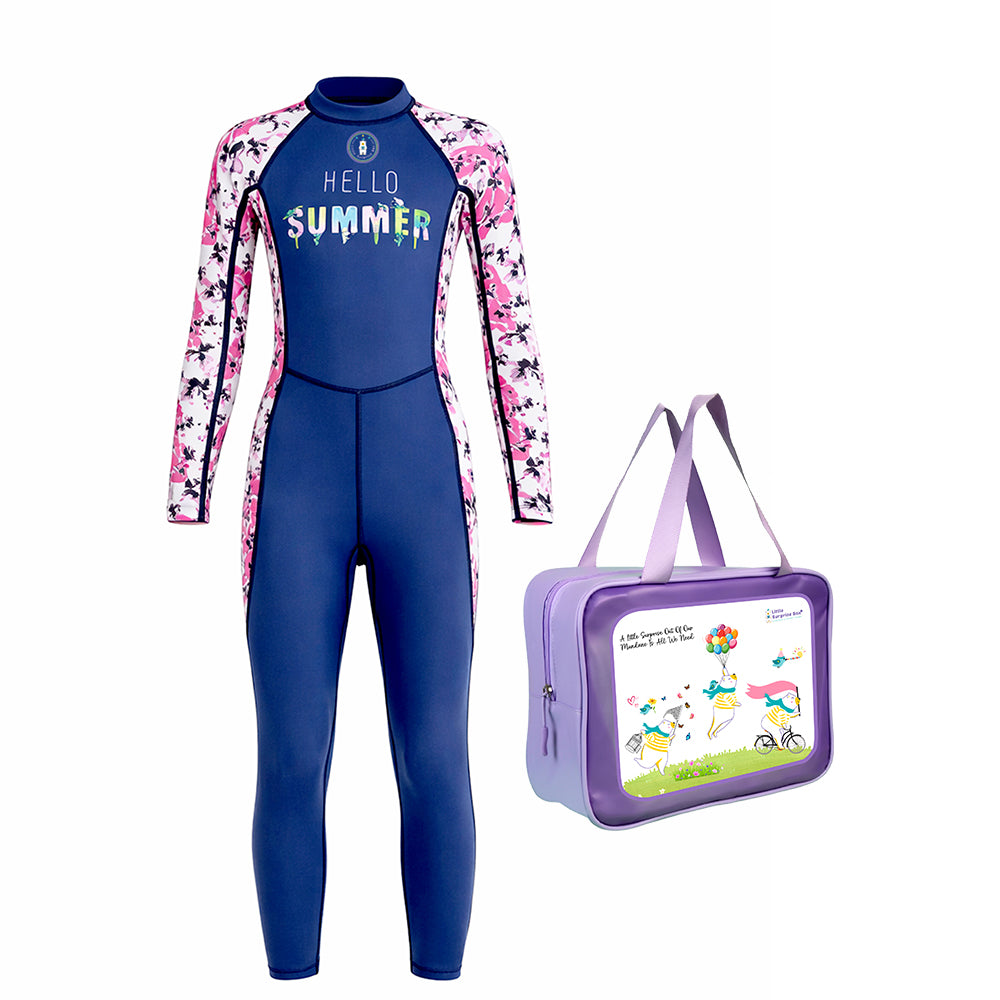 Full Length Navy Blue "Hello Summer" Floral Printed Kids Swimwear with UPF 50+ with Swim Cap & Free Washbag